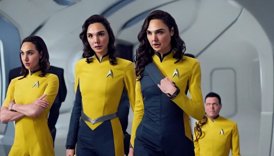 Image similar to Gal Gadot, wearing a yellow uniform, is the captain of the starship Enterprise in the new Star Trek movie