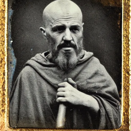 Image similar to tintype photograph of medieval monk, medieval abbot, italian monastery, medieval photograph