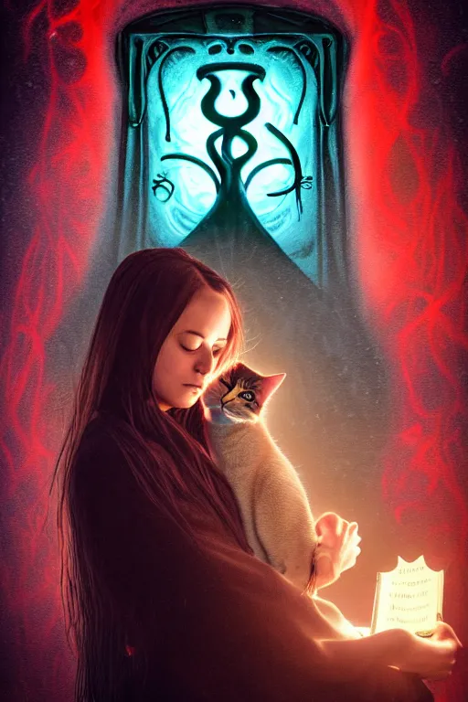 Image similar to romantic photo of bright girl, her cat and her book of necronomicon, symmetrical, cinematic, real dlsr photography, sharp focus, 4 k, ultra hd, sense of awe, sinister demonic atmosphere, dreadful, forbidden knowledge, old gods, cthulhu, yog - sothoth! yah, yah, yah! cultist journal cover