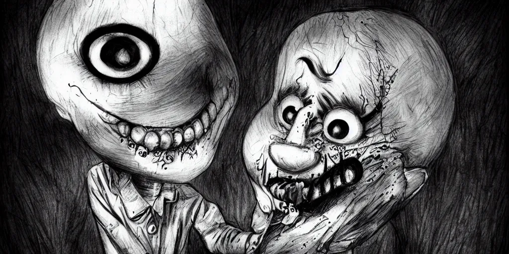 Image similar to A clown holding a balloon , horror, creepy, dark, manga,, pencil, inspired by junji ito, superior quality, masterpiece