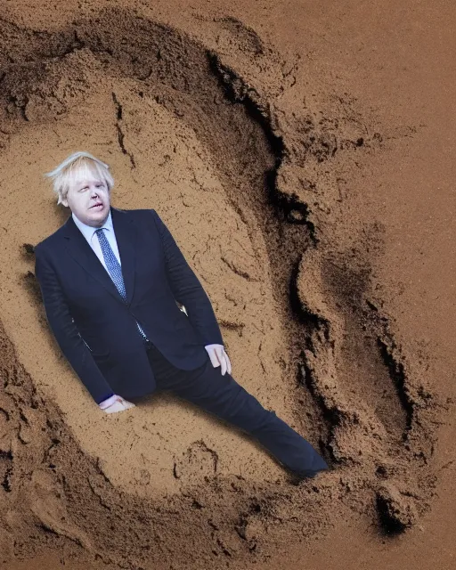 Image similar to an oil painting of uk politician former prime ministe boris johnson lying down in a pile of mud on a farm, covered in dirt, 4 k detail