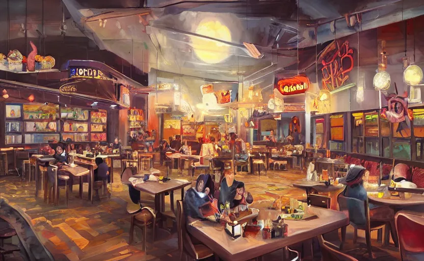 Image similar to a hyper creative and vivid painting of the restaurant at the end of the universe. trending on artstation