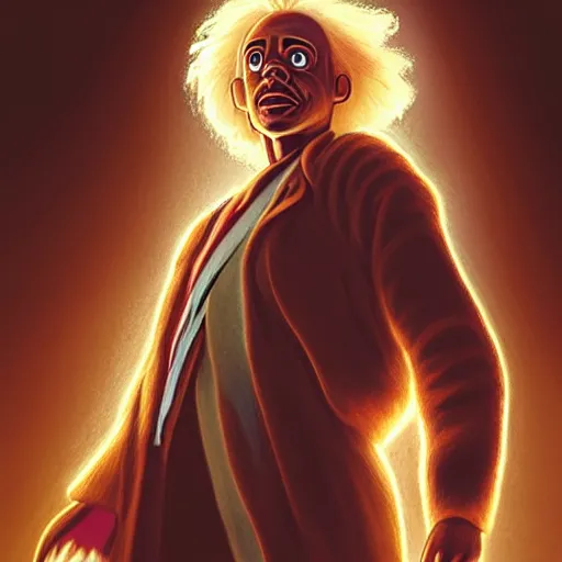 Image similar to portrait of doc brown!!!! horseriding!!!!!!!!!!!!!!!!!!! on ( ( ( lion king ) ) ), disney animation, sharp, illustration, sharp, fanart, anime key art by greg rutkowski, bloom, dramatic lighting sharp focus, cinematic, artbook, smooth, centered