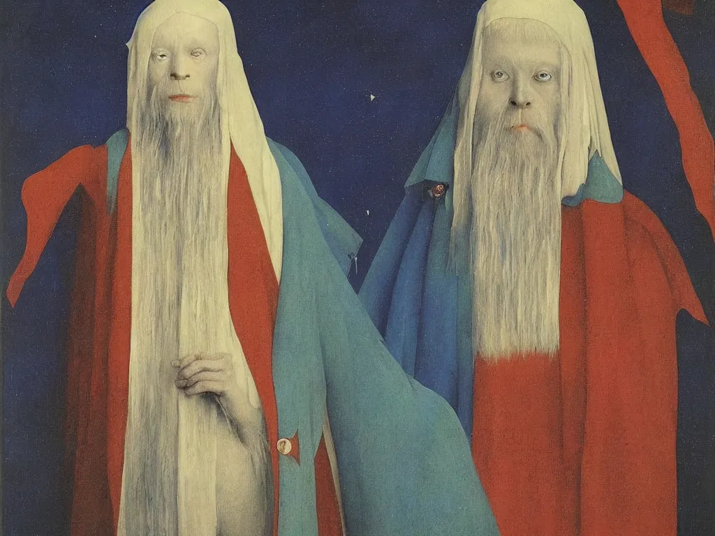 Image similar to Portrait of albino mystic with blue eyes, with cosmic wound. Painting by Jan van Eyck, Audubon, Rene Magritte, Agnes Pelton, Max Ernst, Walton Ford