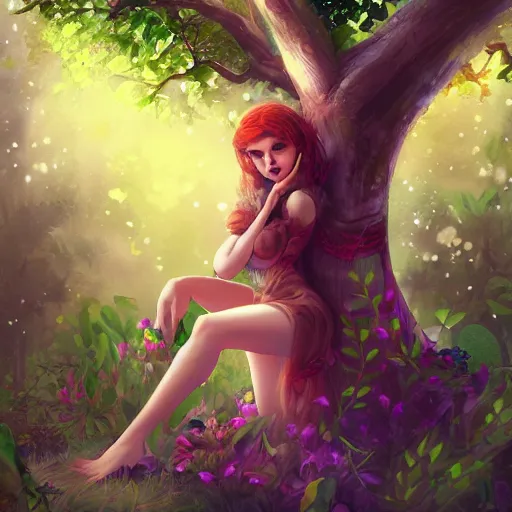 Prompt: alluring tree girl in a magical forest, digital art, trending on artstation