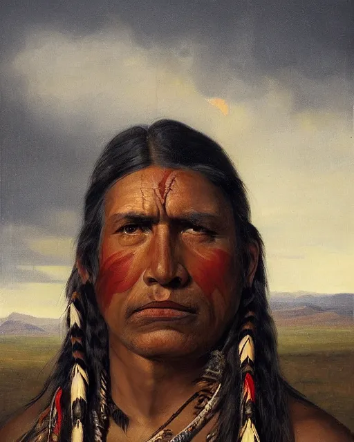 Prompt: a head and shoulder painting of a rugged American native Apache warrior with an eagle feather in his braided hair with a rugged Texas hill-country background, in the style of George Catlin, insanely detailed, extremely moody lighting, glowing light and shadow, atmospheric