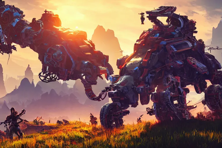 Image similar to scrapper machine mecanical creature robot of horizon forbidden west horizon zero dawn radiating a glowing aura global illumination ray tracing hdr fanart arstation by ian pesty and alena aenami artworks in 4 k