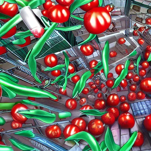 Image similar to attack of the killer's tomatoes. cyberpunk style