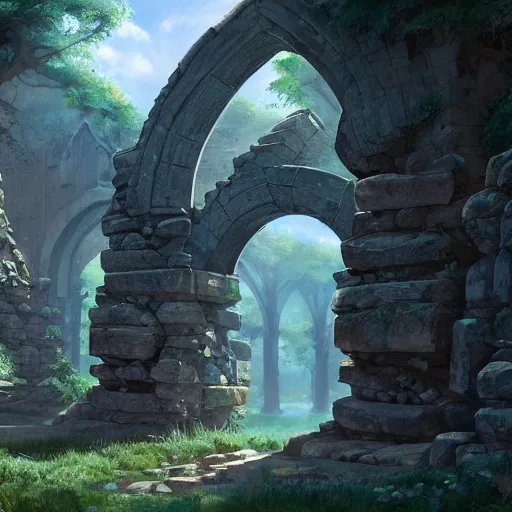 Image similar to concept art painting of an ornate ancient stone archway, in the woods, realistic, detailed, cel shaded, in the style of makoto shinkai and greg rutkowski and james gurney