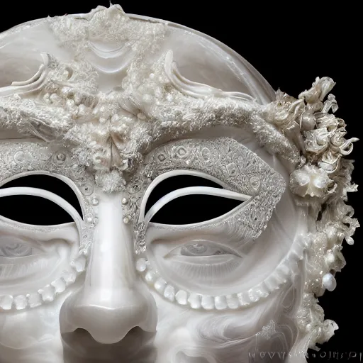 Image similar to highly detailed photography of a woman wearing venetian woman mask, sculpted in white opalescent marble, with lots of thin ornaments, disolving with a luminous background, curves and chaotic fractal art inlays, intricate, 8 k, white box, cinematic light, high aperture, background atmospheric effects