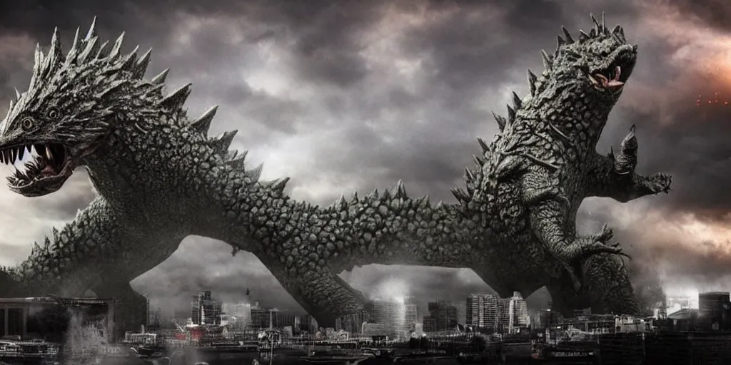 Image similar to kaiju attack in london photography realistic, detailed, cinematic