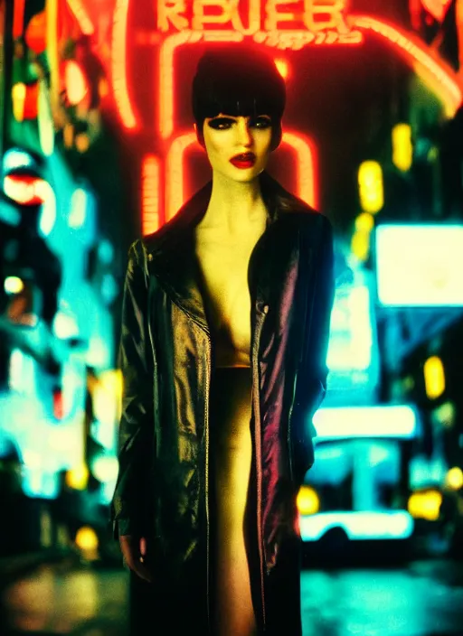 Image similar to A hyper realistic and detailed head portrait photography of a Rachael of Blade Runner on a futuristic street. by David Dubnitskiy. Neo noir style. Cinematic. neon lights glow in the background. Cinestill 800T film. Lens flare. Helios 44m