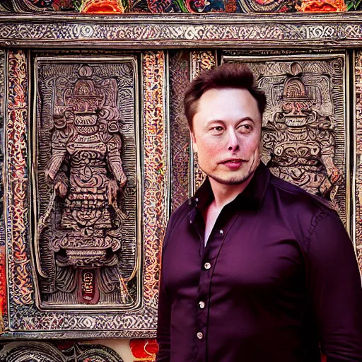 Image similar to A Photo Portrait of elon musk Wearing Indonesian Batik at a Balinese temple, award winning photography, sigma 85mm Lens F/1.4, blurred background, perfect faces