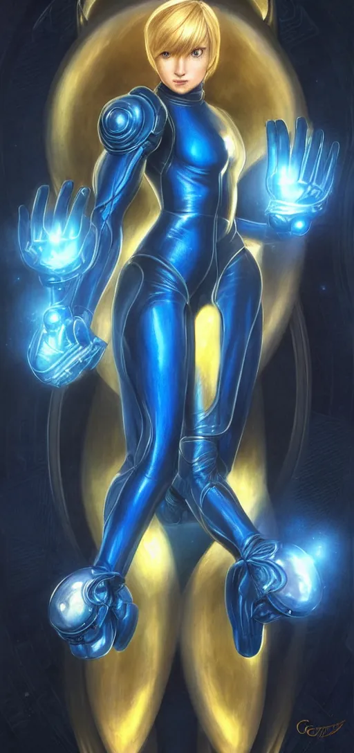 Image similar to perfectly detailed samus aran tarot card!! blessed by sci fi space with ever - increasing physical mental perfection, symmetrical! intricate, tight blue spandex full body suit, sensual features, highly detailed, biblical divine holy perfection!! digital painting, artstation, concept art, smooth, sharp focus, illustration, art by artgerm and greg rutkowski and alphonse mucha