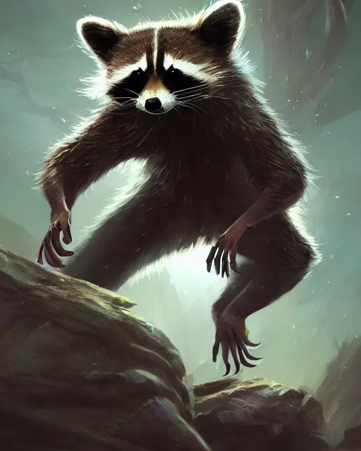 Prompt: Raccoon Shapeshifter, magic the gathering artwork, D&D, fantasy, cinematic lighting, centered, symmetrical, highly detailed, digital painting, artstation, concept art, smooth, sharp focus, illustration, volumetric lighting, epic Composition, 8k, art by Akihiko Yoshida and Greg Rutkowski and Craig Mullins, oil painting, cgsociety