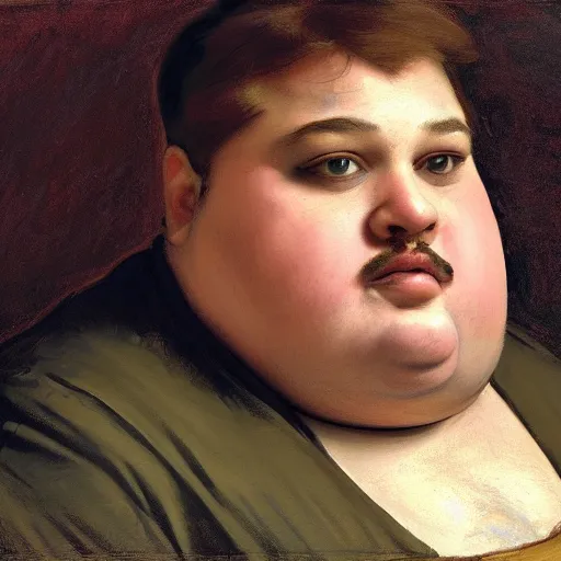 Image similar to highly detailed portrait of a grossly obese man who is shaped like a pear artstation, 8 k, sfx, john singer sargent.