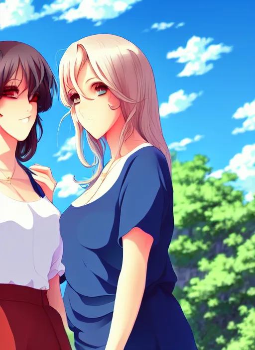 Image similar to two beautiful mature women under a blue sky, casual summer clothes, gorgeous faces, thick lines, cinematic lighting, detailed anime art