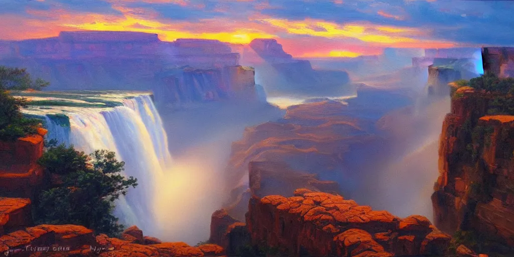 Prompt: Grand Canyon, Niagara Falls, picturesque sunset, cinematic lighting, detailed oil painting, hyperrealistic, 8k