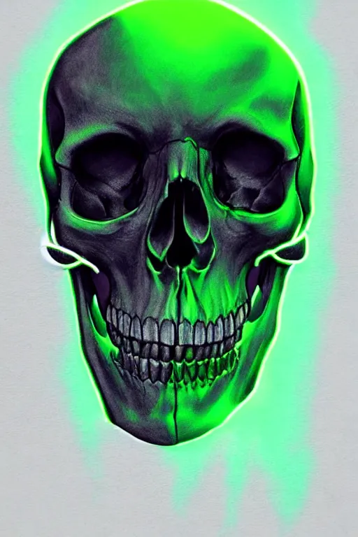 Image similar to photorealistic dark fantasy concept art of a glowing human skull with a green neon outline and a Pentagram etched into it's forehead, dynamic lighting, stunning visuals, realism, cinematic, hyper detailed, ultra detailed, beautiful visuals