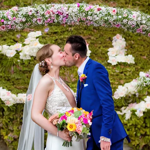 Image similar to the groom kisses the bride at a wedding full of flowers, bright and happy, art, highly detail, 4 k realistic, wedding photo, by charles angrand