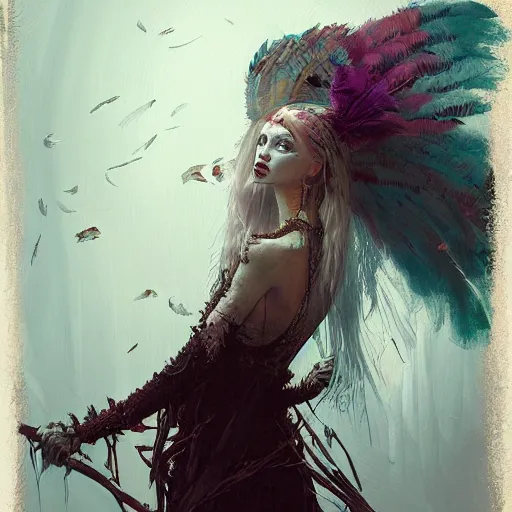 Image similar to painting of a pale witch dressed with feathers, illustration, artistic, colorful, hyper detailed, in the style of Greg Rutkowski,