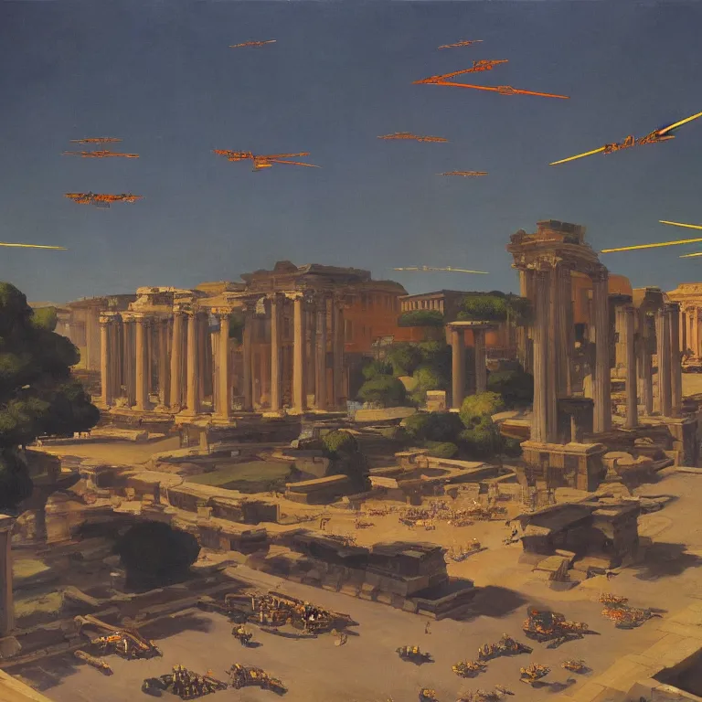 Prompt: Lush Painting of an Armada of X-Wing Fighters attacking Ancient Rome, oil painting by Edward Hopper Cinematic lighting