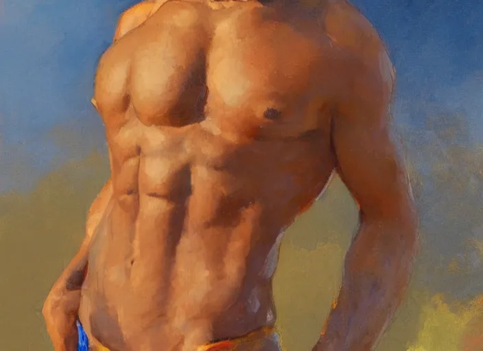 Prompt: a highly detailed beautiful portrait of a short brown haired brown skinned genie, with abs, smiling, by gregory manchess, james gurney, james jean