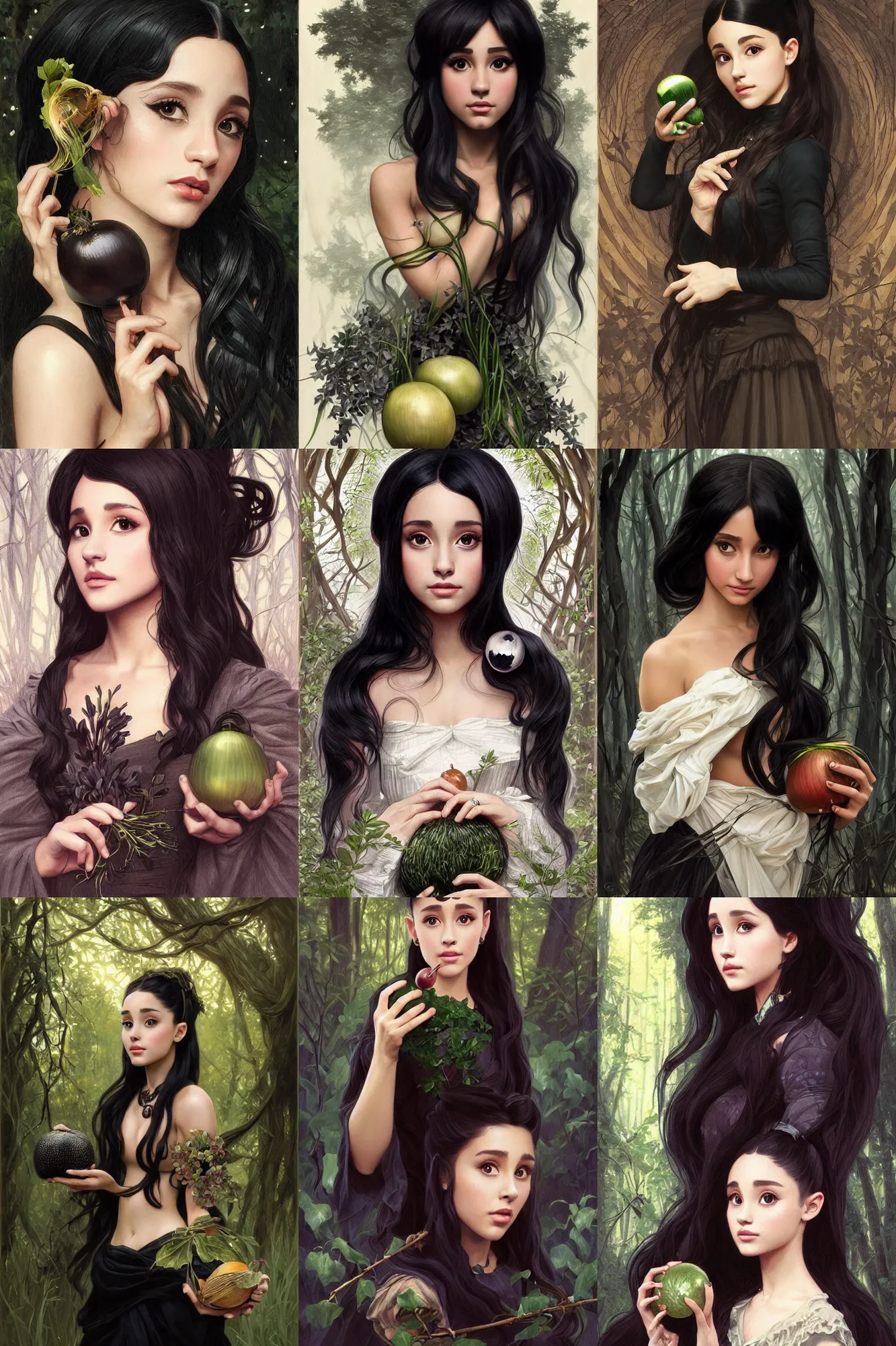 Prompt: beautiful cottagecore Ariana Grande holding a Black Onion, Black Hair, dark forest, intricate, elegant, highly detailed, digital painting, artstation, concept art, smooth, sharp, focus, illustration, art by artgerm and greg rutkowski and alphonse mucha