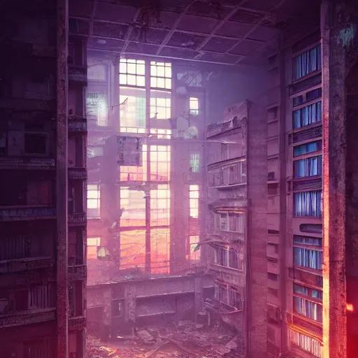 Image similar to One dilapidated building with only one window glowing. ArtStation, Cyberpunk, Vertical Symmetry, 8K, Highly Detailed, Intricate, Album Art.