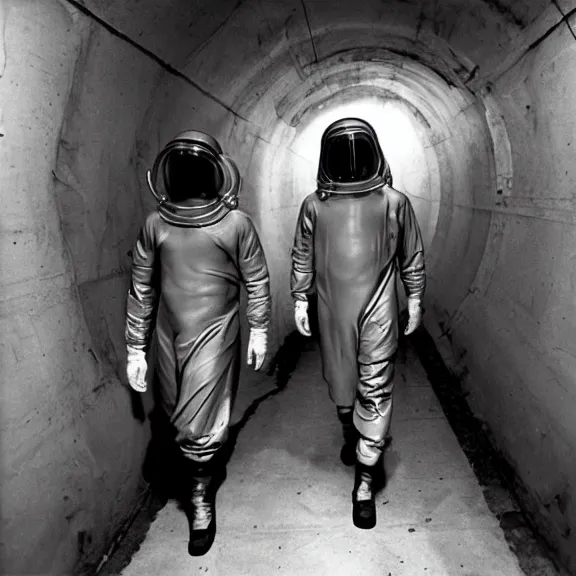 Prompt: two scientists wearing red rick owens hazmat suits in a tunnel of neon fluorescent lights by frank frazetta