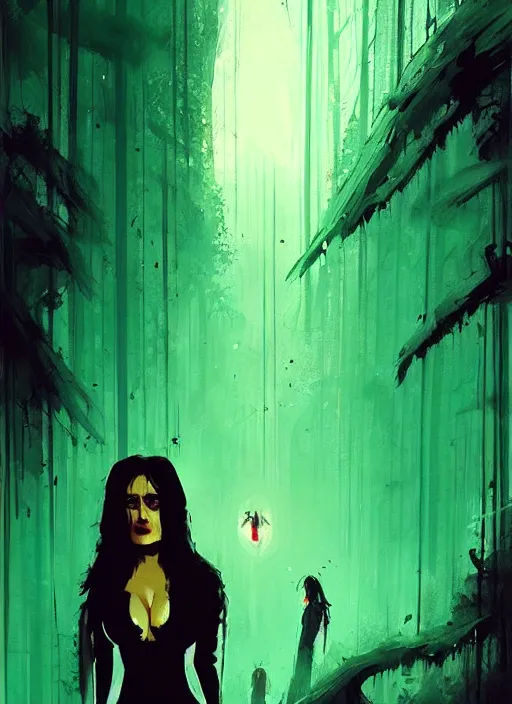 Image similar to salma hayek vampire queen, green peaks in the background, art by ismail inceoglu