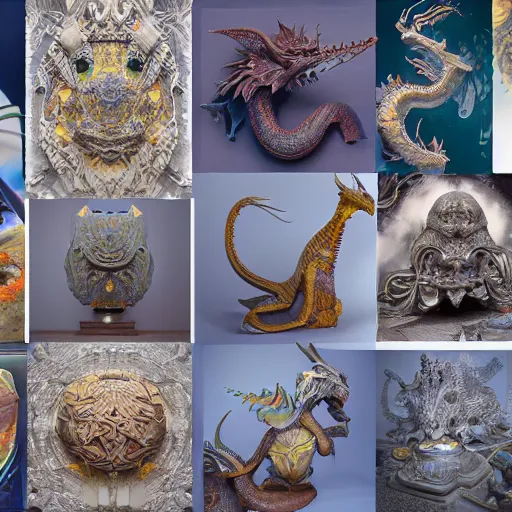 Image similar to Beeple, 3D intricate shapes, Ernst Haeckel, octane render, maya render, Chinese silk 3D Dragon palace, tiny statue on display, yukii morita, ellen jewett, mayeb, rough