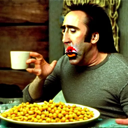 Image similar to nicolas cage drowning mouth full of peas, movie still, the wicker man