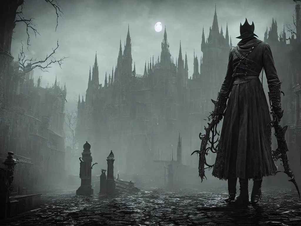 Image similar to bloodborne 2, dark, nighttime, victorian england style, horror, grotesque, serene, haunting, heavy atmosphere, claustrophobic, insanity, High Definition detail, 8K