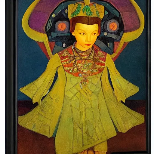 Image similar to the little robot queen in her regalia, by annie swynnerton and diego rivera and nicholas roerich, symbolist, dramatic lighting, elaborate geometric ornament, art brut, smooth, sharp focus, extremely detailed, leo and diane dillon, adolf wolfli, soft pastel colors