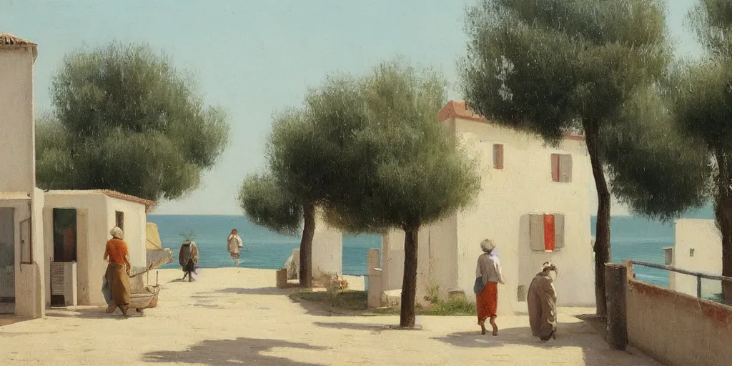 Image similar to a beautiful painting of a mediterranean fishing village in summer by peter ilsted, whitewashed housed, cypress trees, cyan shutters on windows, trending and featured on artstation and behance, people walking down a street