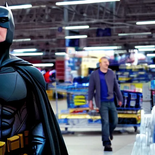 Image similar to A still of Ben Affleck's Batman at Walmart, 4k, photograph, ultra realistic, highly detailed, studio lighting