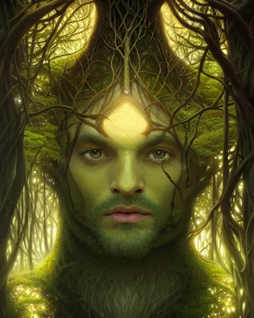 Image similar to symmetry portrait of moss king of ent of fangorn forest, glam, fae, fireflies, forest background, intricate, elegant, highly detailed, digital painting, artstation, concept art, smooth, sharp focus, illustration, darkness, art by artgerm and greg rutkowski and fra angelico and alphons mucha