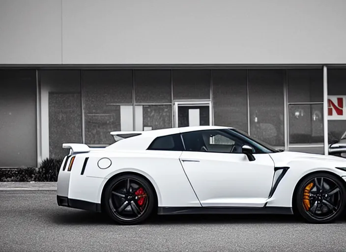 Image similar to 105mm photograph f1.8 full view mid distance front side view white Nissan GT-R showroom beautiful lighting from 2022