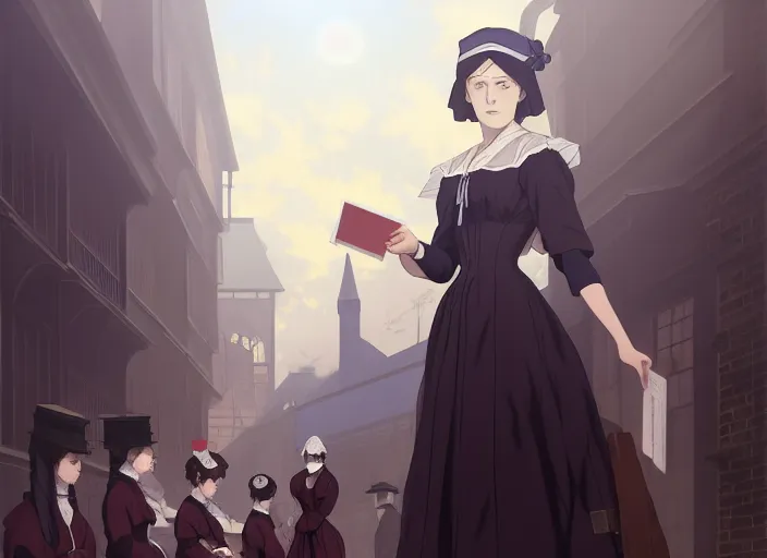 Image similar to london 1 8 5 3, 3 3 year old florence nightingale, running a women's hospital in victorian london, improving the working conditions as well as patient care, finely detailed perfect art, gapmoe yandere grimdark, trending on pixiv fanbox, painted by greg rutkowski makoto shinkai takashi takeuchi studio ghibli