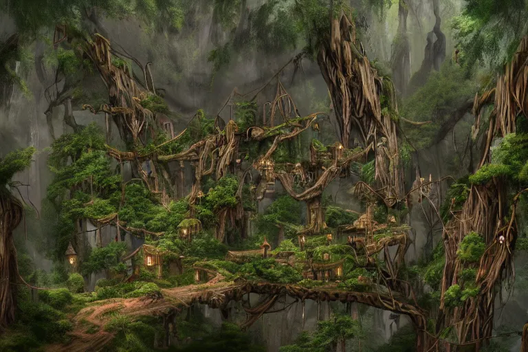 Prompt: a wood elf village suspended high up in the redwood tree canopies, connected by rope bridges, fantasy setting, dense vegetation, very detailed, d & d concept art, 4 k