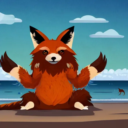 Image similar to a photorealistic adorable fierce furry monster with long fur long floppy rabbit ears chubby body and fox body and wolf legs with thick stubby claws, fox colored fur, grinning at the camera showing sharp teeth, with a mischievous grin, happy lighting, at a tropical beach