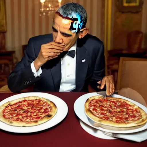 Image similar to obama elegantly eating pizza with a knife and fork