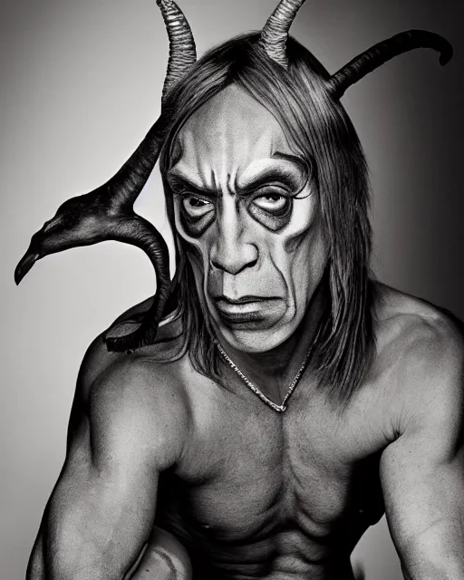 Image similar to singer Iggy Pop in Elaborate Pan Satyr Goat Man Makeup and prosthetics on stage with large goat ears designed by Rick Baker, Hyperreal, Head Shots Photographed in the Style of Annie Leibovitz, Studio Lighting