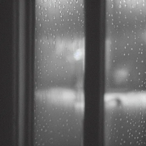 Prompt: analog photograph portrait of a beautiful woman looking out the window, heavy rainfall, drops on the glass, greyscale, film grain, depth of field, bokeh