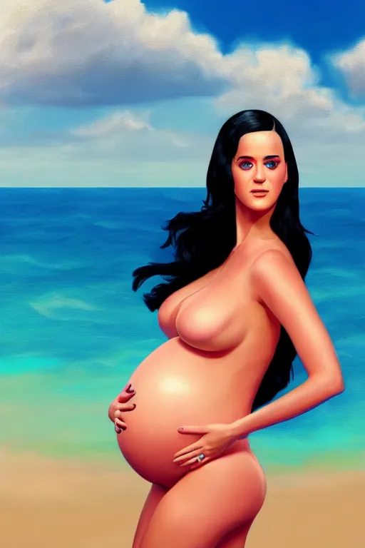 Image similar to pregnant katy perry at the beach, realistic portrait, symmetrical, highly detailed, digital painting, artstation, concept art, smooth, sharp focus, illustration, cinematic lighting, 8 k movie screenshot hdr