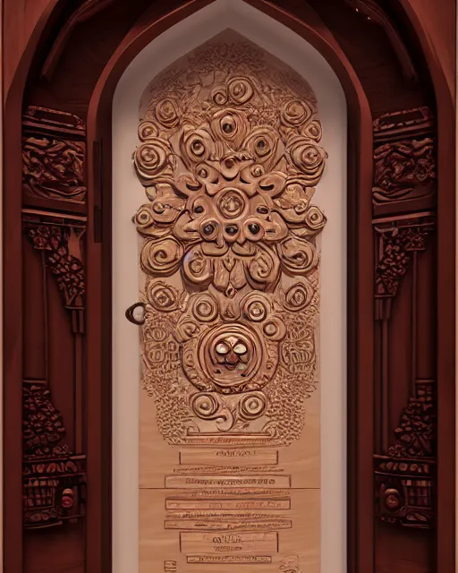 Prompt: celestial door with cosmic inscriptions glowing, mahogany burl wood door with intricate ivory carved flowers, gilding, artstation, sylvain sarrailh, 3 d