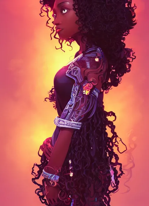 Image similar to beautiful black girl with long curly hair, cute, intricate, highly detailed, retrowave epic art, digital painting, trending on artstation, concept art, smooth, sharp focus, backlit, rim light, vivid colors, illustration, unreal engine 5, 8 k, art by rossdraws and alphonse mucha