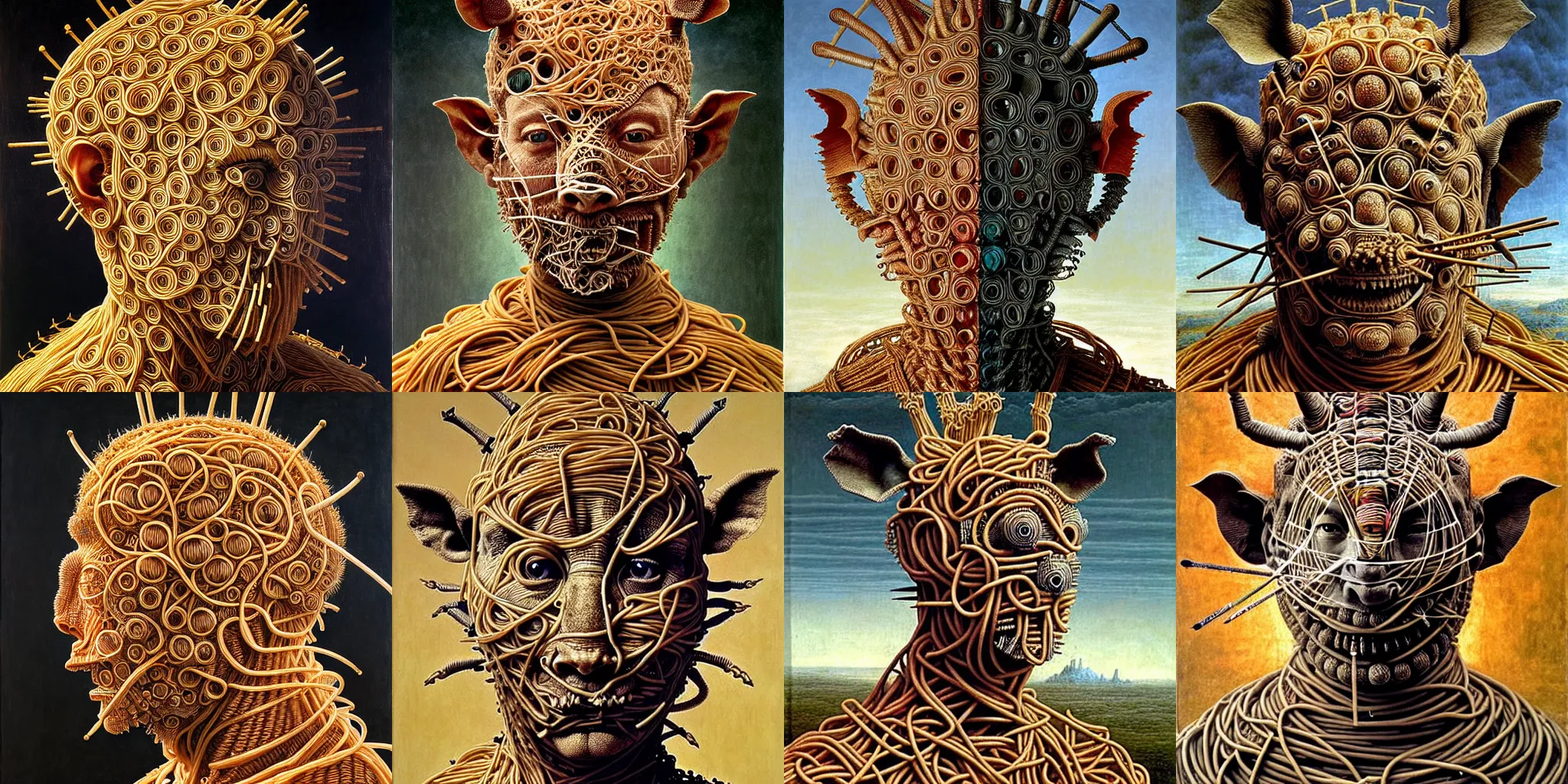 Image similar to zoomed out half boy half rhino made of spaghetti, intricate armor made of spaghetti fractals, ancient warrior, samurai style, by giuseppe arcimboldo and ambrosius benson, renaissance, intricate and intense oil paint, a touch of beksinski, realistic