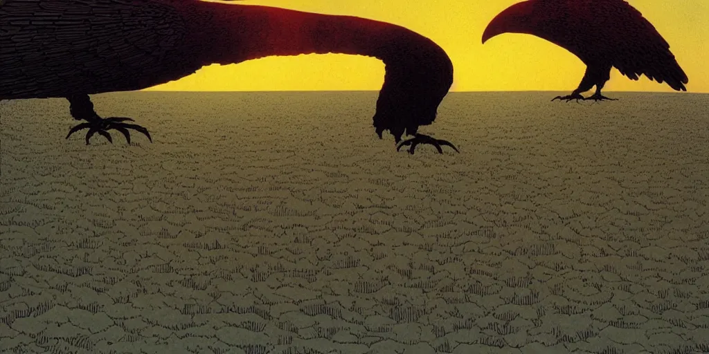 Image similar to weird west, giant crow blocking out the sun, desaturated delicate illustration by moebius jean giraud